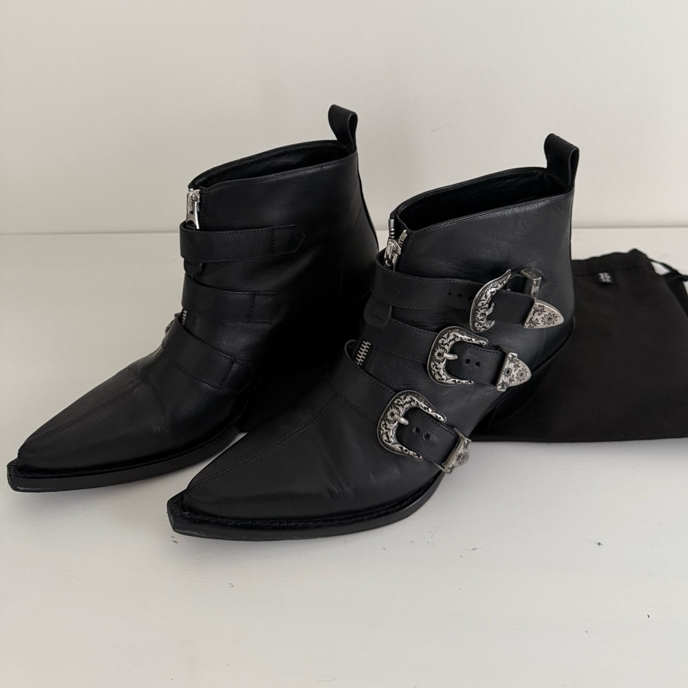 R13 Black Ankle Boots with Silver Buckles